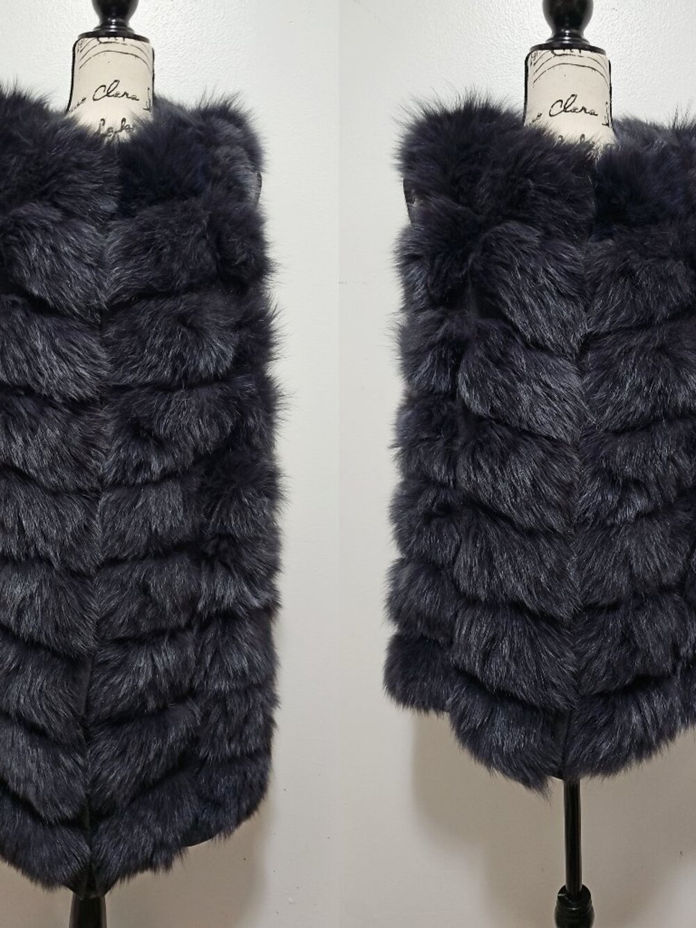 NewReal Paneled Silver Saga Fox Fur Gilet Vest Charcoal Black NoMink Transformer
